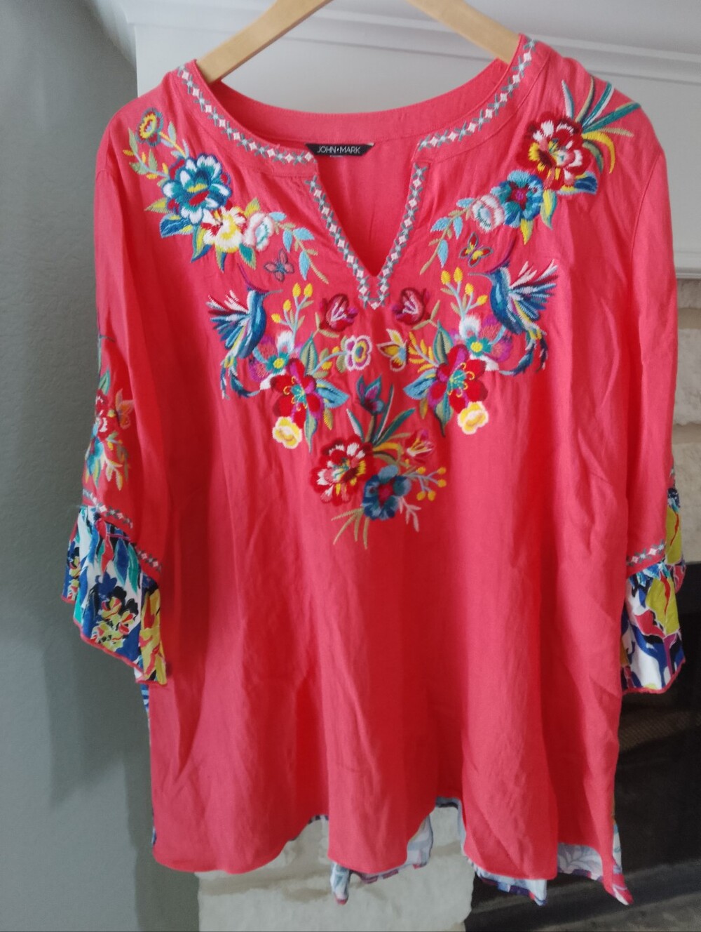 John Mark Coral Embroidered Floral Tunic